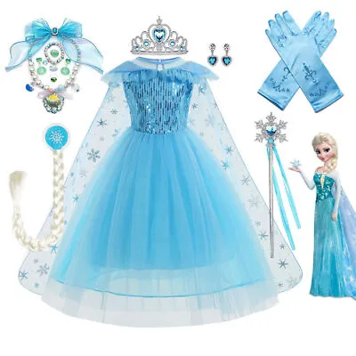 Kids Girls Ice Snow Queen Princess Elsa Dress Cosplay Costumes Crown Gloves Wand • £22