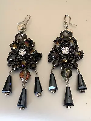 Fabulous Christian LACROIX Pendant Earrings - Signed -Black &Clear Crystals 10cm • $299