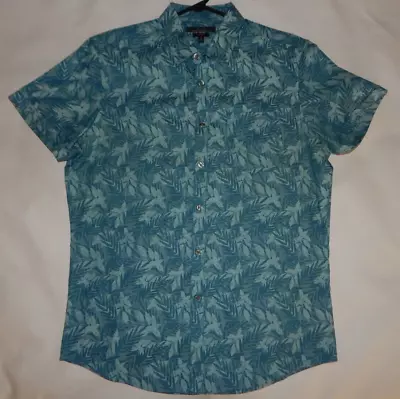 Marc Anthony Mens Medium M Slim Fit Teal Floral Short Sleeve Shirt Cotton EUC • $4