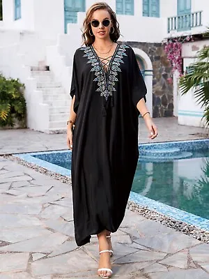 Au Stock Cotton Embroidery Oversize Kaftan Tunic Kimono Dress Bikini Cover Dr221 • $29.99