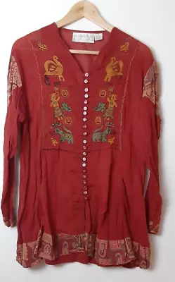 VTG Pier 1 Passports Red Embroidered Animals Blouse Top Tunic Buttons Size M • $14