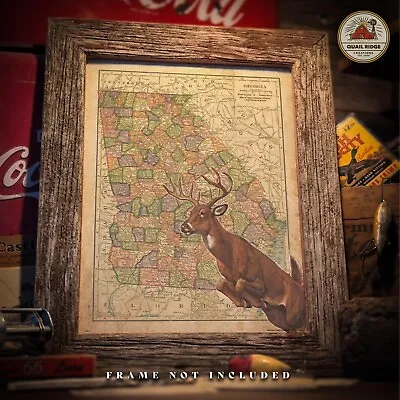 Vintage Georgia State Map Art Print Deer Antlers Hunting Fishing Cabin Decor • $9.95