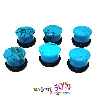 Pair 8g-25mm TURQUOISE HOWLITE STONE PLUGS Single Flare Gauges Organic Ear 2223 • $9.95