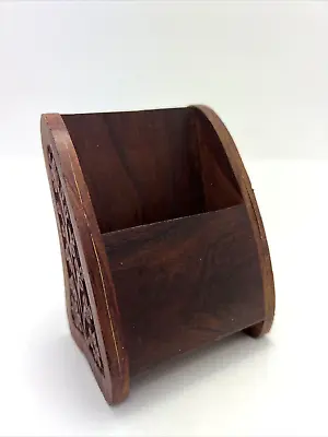 Business Card Holder Desk Carved Flowers Deep Dark Wood • $12.99