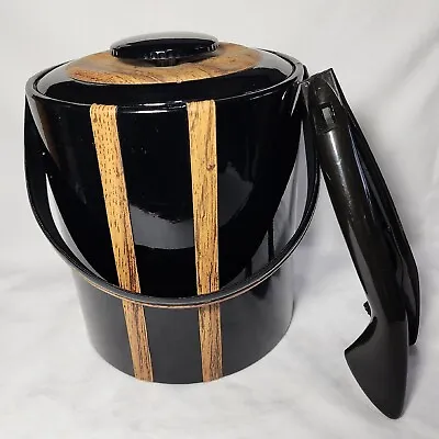 $34.95 • Buy Vintage MCM Ice Bucket Black Vinyl Wood Grain George Briard USA W Tongs &Lid EUC