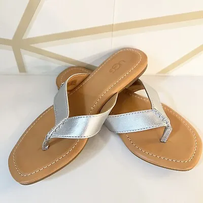 NEW UGG Tuolumne Leather Silver Flip Flops Sandals Women's Size 5 • $44.99