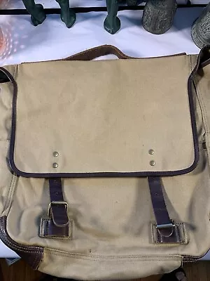 Vintage J Crew Abington Cotton Canvas Messenger Bag Green Brown Leather Trim A++ • $75