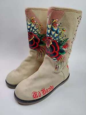 Vintage Ed Hardy Suede Cozy Lined Mid-Calf Boots Moccasin Roses Women's Size 6 • $23.99