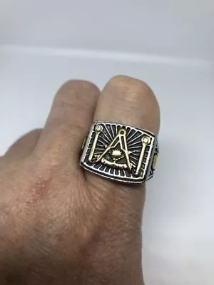 Vintage Large Golden Stainless Steel Size 9 Men's Free Mason G Ring • $36