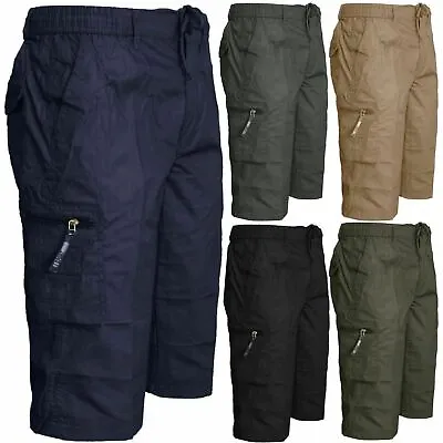 Men's Plain 3/4 Shorts Elasticated Waist Cargo Combat Long Pants Trousers M-3XL • £9.75