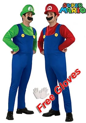 Mens 2PCs Super Mario Luigi And Mario Plumber Fancy Dress Costume Deluxe WGloves • £29.99