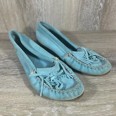 Minnetonka Kilty Turquoise Suede Hardsole Moccasin Loafer Flat Women Size 10 • $16.99