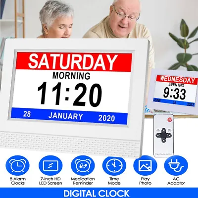 7  Digital Alarm Clock Calendar Day Datetime Memory Loss Dementia Elderly Remote • £31.49