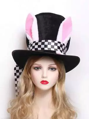 Women's Black White Rabbit Ears Plaid Ribbon Hat Mad Hatter Alice Cosplay  #168 • $18