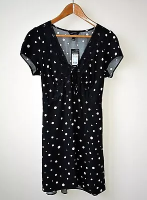 Ex New Look Black+White Polka Dot Print Lace Trim Cap Sleeve Mini DressSize 8-20 • £8