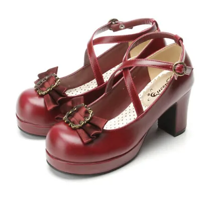 Women's Bowknot Lolita Shoes Pumps Platform High Heels Cosplay Sweet Ankle Strap • £33.10