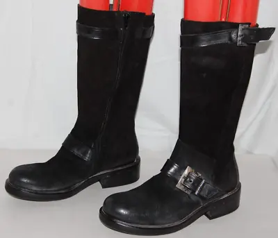 38/7.5❤️ MOMA Women Black Distress Suede Leather Biker Riding TALL Boots ITALY • $171