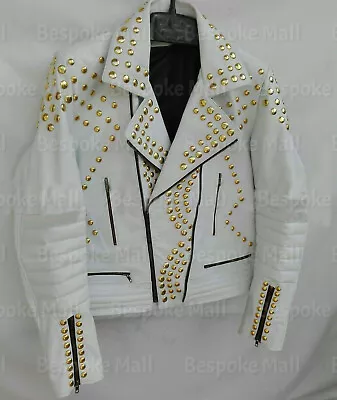 New Woman Full White Pretty Golden Studded Brando Style Punk Leather Jacket-115 • $304.49