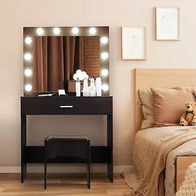 Vanity Makeup Table Dressing Desk Set 12 LED Lighted Mirror With Stool Black • $34.95