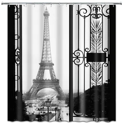 $18.90 • Buy Paris Eiffel Tower Waterproof Black Art Door Shower Curtain With Hooks 72 X72 