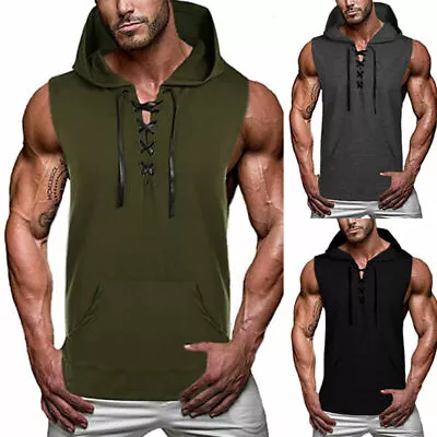 Mens Hoodie Sleeveless Hooded Tank Tops Fitness Muscle Fit Sports Gym Vest Tops • £17.09