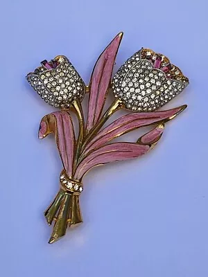 Vtg Coro Adolph Katz Double Flower Trembler Brooch Signed Rhinestone Tulip • $53