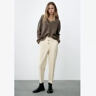 Zara High Rise Straight Tapered Trouser Ankle Pant Career Neutral Beige Small • $29.25