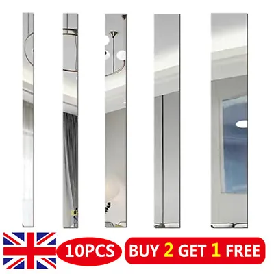 10pcs 5 Sizes Long Strip Mirror Acrylic Wall Stickers Self-adhesive Tile UK NEW • £4.74