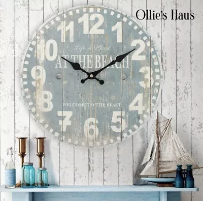 Distressed Look Shabby Chic Blue 'At The Beach' Wall Clock/Beach Themed Decor • £17.99