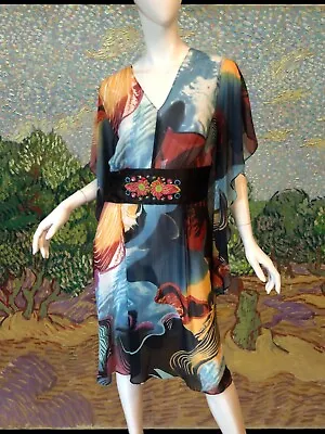 MEGHAN FABULOUS LA Abstract ART Print EMBROIDERED BEADED Sheer CAFTAN Dress M • $89.99