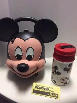 Vintage Mickey Mouse Disney Head Lunchbox & NEW Thermos Aladdin • $45