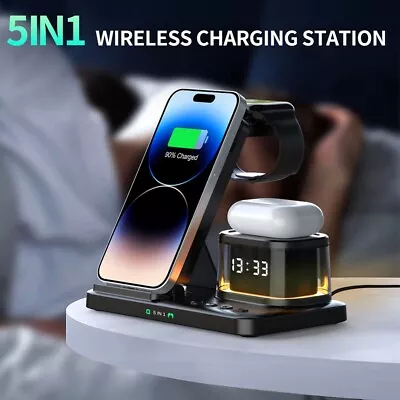 5 In 1 Foldable Wireless Charger 15W Charging Station W/ Alarm Clock Night Light • $9.98