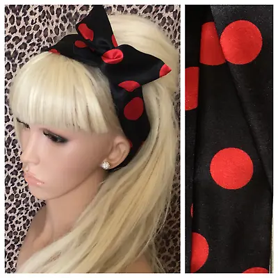 BLACK RED POLKA SPOT SATIN FABRIC BENDY WIRE BOW SCARF HAIR HEAD BAND 50s RETRO • £4.99