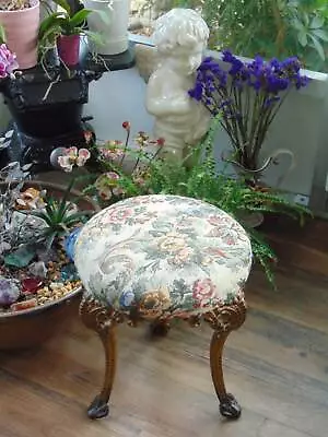 Vintage Inspired CAST METAL VANITY STOOL Floral Tapestry Style Cushion 16 3/4  T • $75