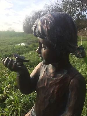 Girl With Butterfly Garden Statue Figurine Bronze Effect Frost Proof • £62