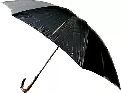 Vintage Umbrella Black Canopy BEN COX Ltd Gold Plated Banding Retro Walking Cane • £35