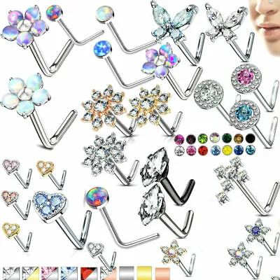 L Bend Nose Stud Ring  316L Surgical Steel L Opal  CZ Gems Septum Ring 20 Gauge • $5.99