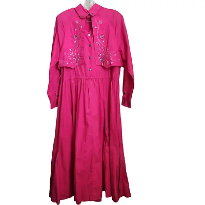 Vintage Western Dress Cowgirl Rockabilly 80s Sz 10 Hot Pink Maxi Midi Embroidery • $35