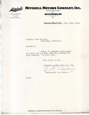1918 MITCHELL MOTORS Racine WI Automobile Correspondence Letterhead ORIGINAL • $24.95