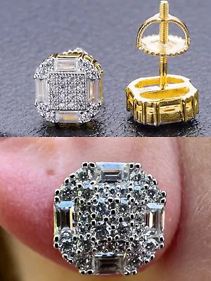 Screwback Earrings Real 14k Gold Plated 925 Silver CZ Baguette Iced Studs HipHop • $36.31