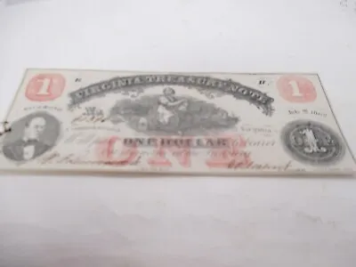 1862 Confederate Virginia $1 One Dollar Treasury Note Richmond • $35