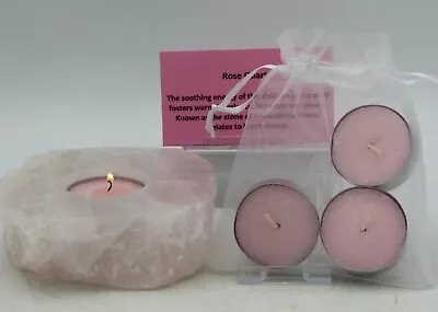 Rose Quartz Candle Holder + 3 Rose Scented Tea Lights In Organza Gift Bag+Card • £26