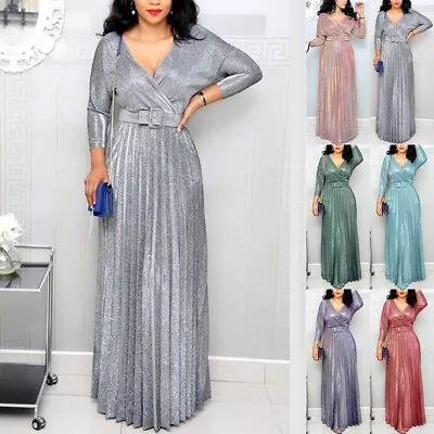 Elegant Blue Maxi Dress V Neck Shiny Long Sleeve Pleated Hem Prom Gown • £36.18