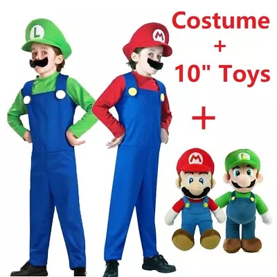 Kids Boys Girls Super Mario Luigi Plumber Bros Cosplay Costume +10  Plush Toys • £6.66