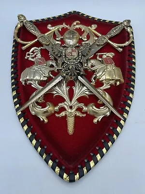 Vintage Crossed Swords Coat Of Arms Spanish Medieval Crest Wall Decor Red Velvet • $25