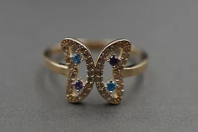 14K Solid Yellow Gold Fancy Multi Color CZ Stones Butterfly Ring. Size 7.25  • $180