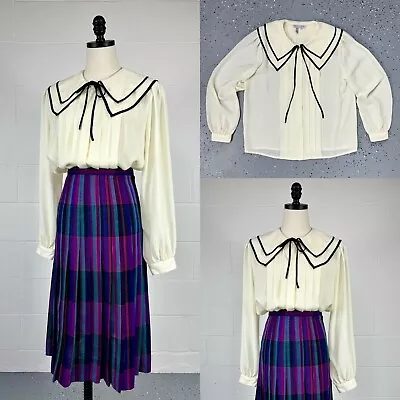 Vintage 90s Ivory Boxy Georgette Blouse Black Tipped Dual Puritan Collar Bow 12 • £67.50