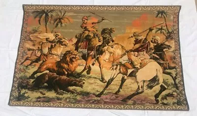 Vtg. Middle Eastern Tapestry With Men On Camels And Horses Fighting Lions 68x48 • $99.99