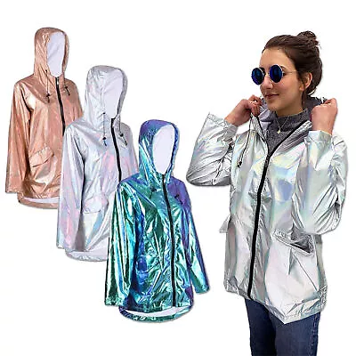 Festival Metallic Raincoat Jacket Holographic Hooded Mac Showerproof Unisex • £19.98