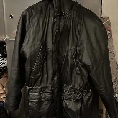 PHASE 2 Full Zip Hooded Black LEATHER Jacket Coat Sz L Mid Length 7 Pockets • $80.99